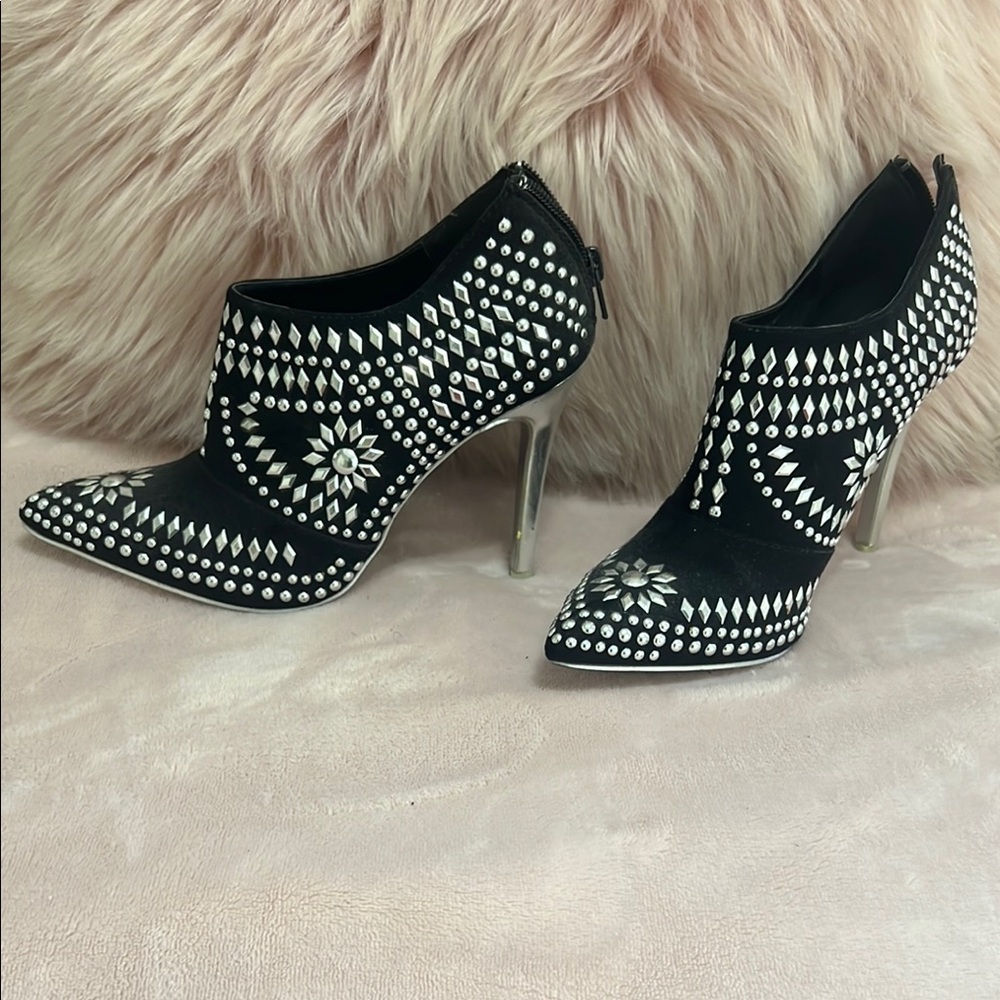 Black and Silver Studded High Heel Ankle Boots